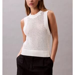 Calvin Klein Sleeveless Round Neck Open Stitch Sweater Tank Top White Large